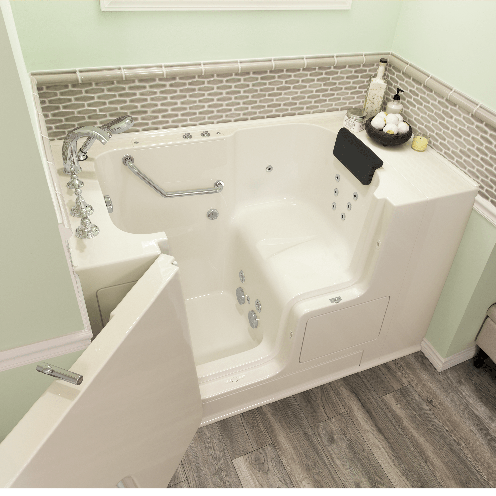 Gelcoat Premium Series 32 x 52  Inch Walk in Tub With Whirlpool System   Left Hand Drain With Faucet WIB LINEN